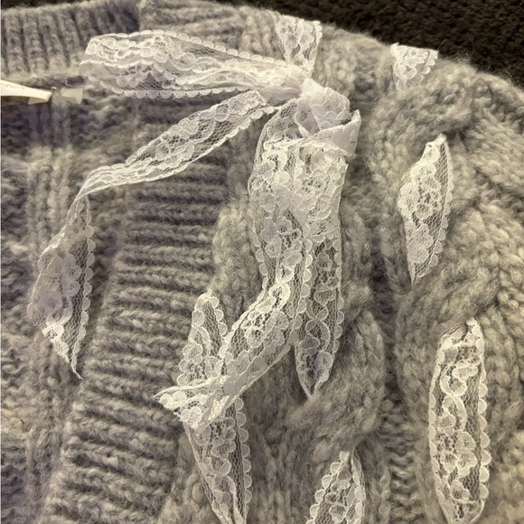 LoveShackFancy Heather Gray Cable Knit Sweater with white lace ribbon - Picture 3 of 5